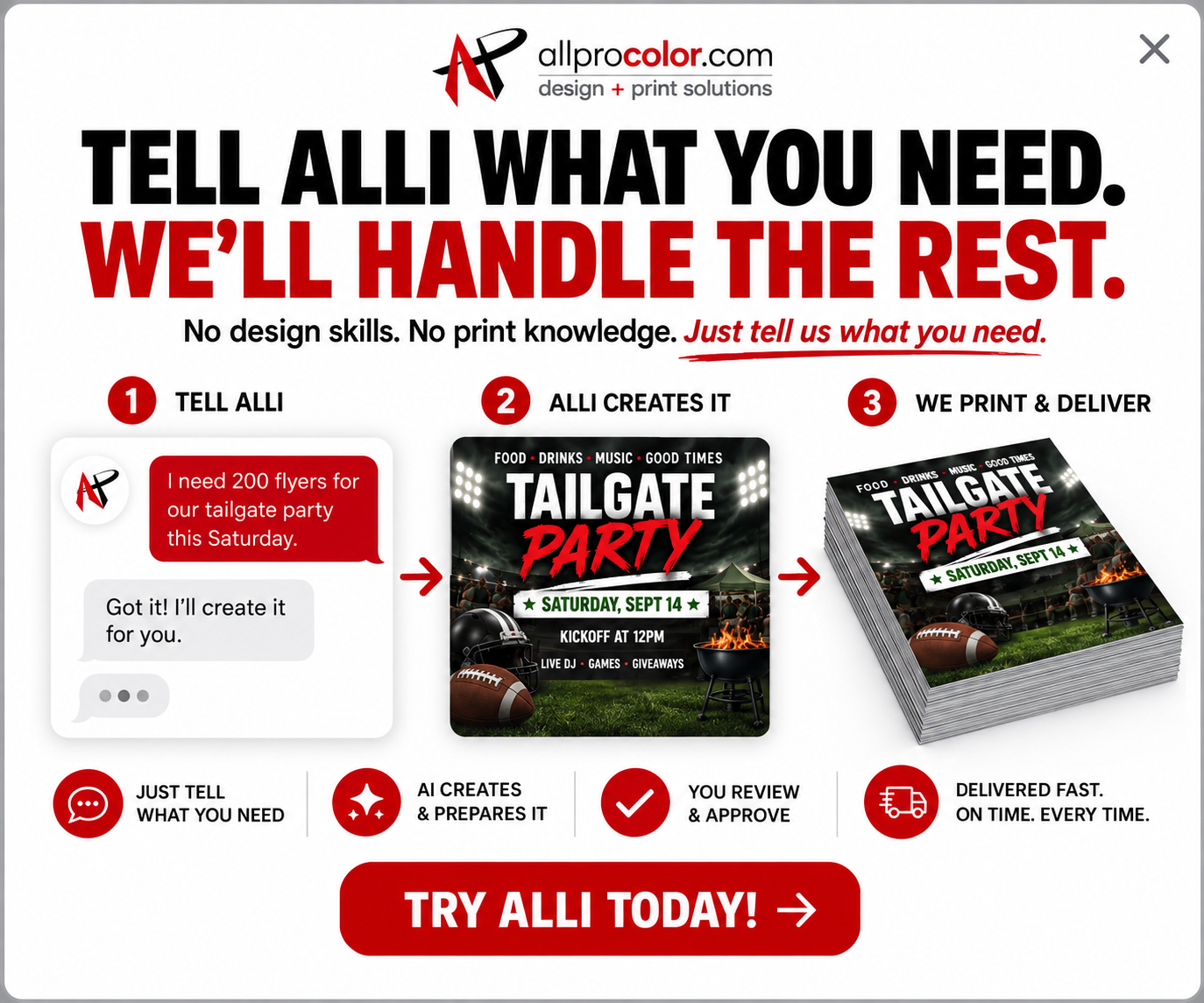 Tell Alli what you need. We'll handle the rest. Try Alli today!